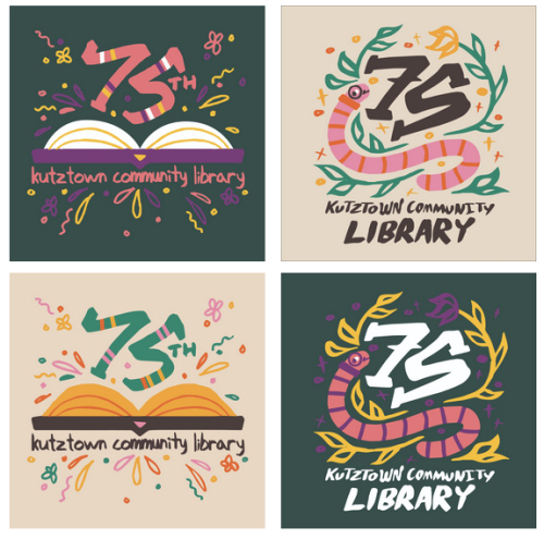 Four colorful 75th anniversary logo designs for Kutztown Community Library with festive decorative elements and books.
